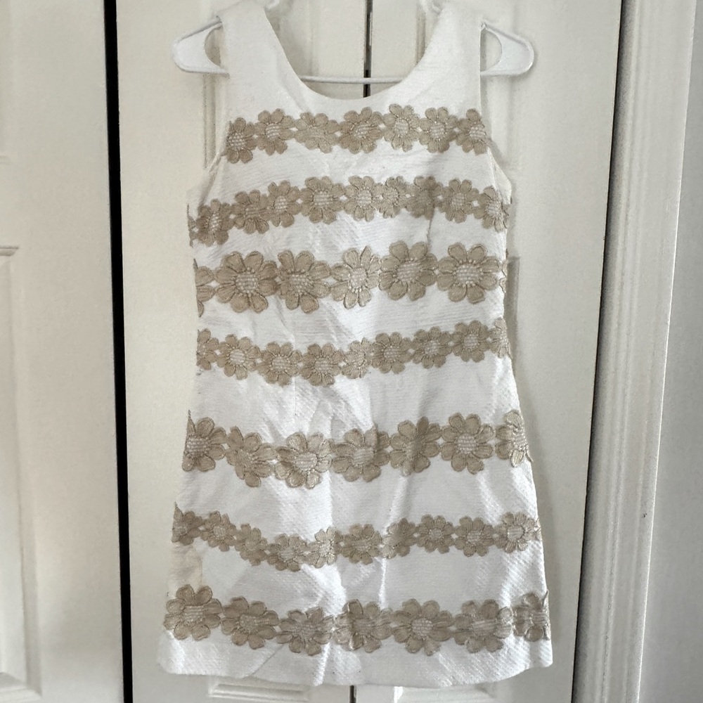 White Shift Dress with Gold Flowers
